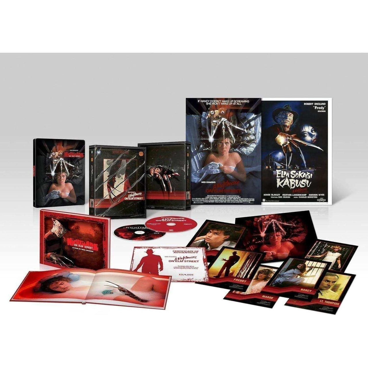 A Nightmare On Elm Street Limited Steelbook Ultimate Collectors Edition 4K Ultra HD and Blu-Ray set with special features, art cards, booklet, double-sided poster, and numbered element.