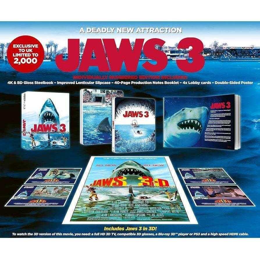 Jaws 3 Limited Ultimate Collectors Edition 4K Ultra HD and Blu-Ray set with steelbook, production booklet, lobby cards, and double-sided poster