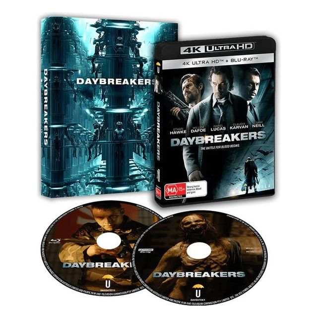 Daybreakers 2009 4K UHD and Blu-Ray set with limited edition slipcover featuring vampire dystopian sci-fi artwork and discs