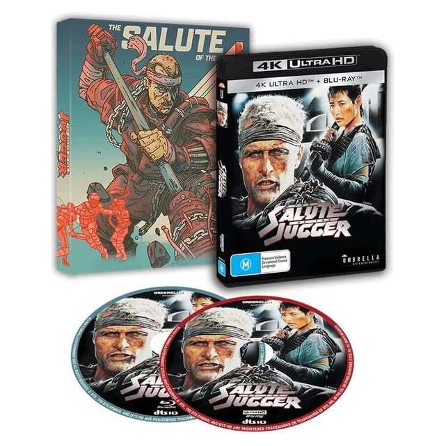 The Salute of The Jugger 1989 4K UHD and Blu-Ray limited edition with slipcover and discs showing main characters in post-apocalyptic setting