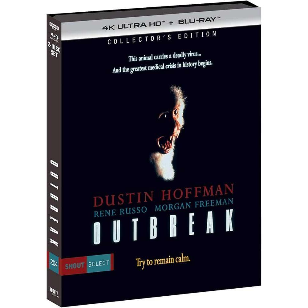 Outbreak 1995 Collector's Edition 4K UHD Blu-ray slipcover featuring Dustin Hoffman and cast in a medical thriller cover