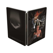 A Nightmare On Elm Street limited edition steelbook set with front cover featuring a terrified woman and Freddy Krueger's clawed hand, open metal case view.