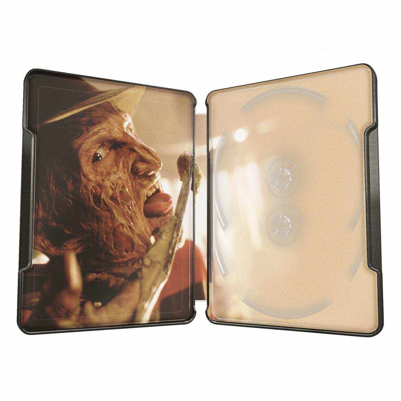 Open steelbook case featuring Freddy Krueger artwork from A Nightmare On Elm Street limited edition 4K Ultra HD and Blu-Ray set
