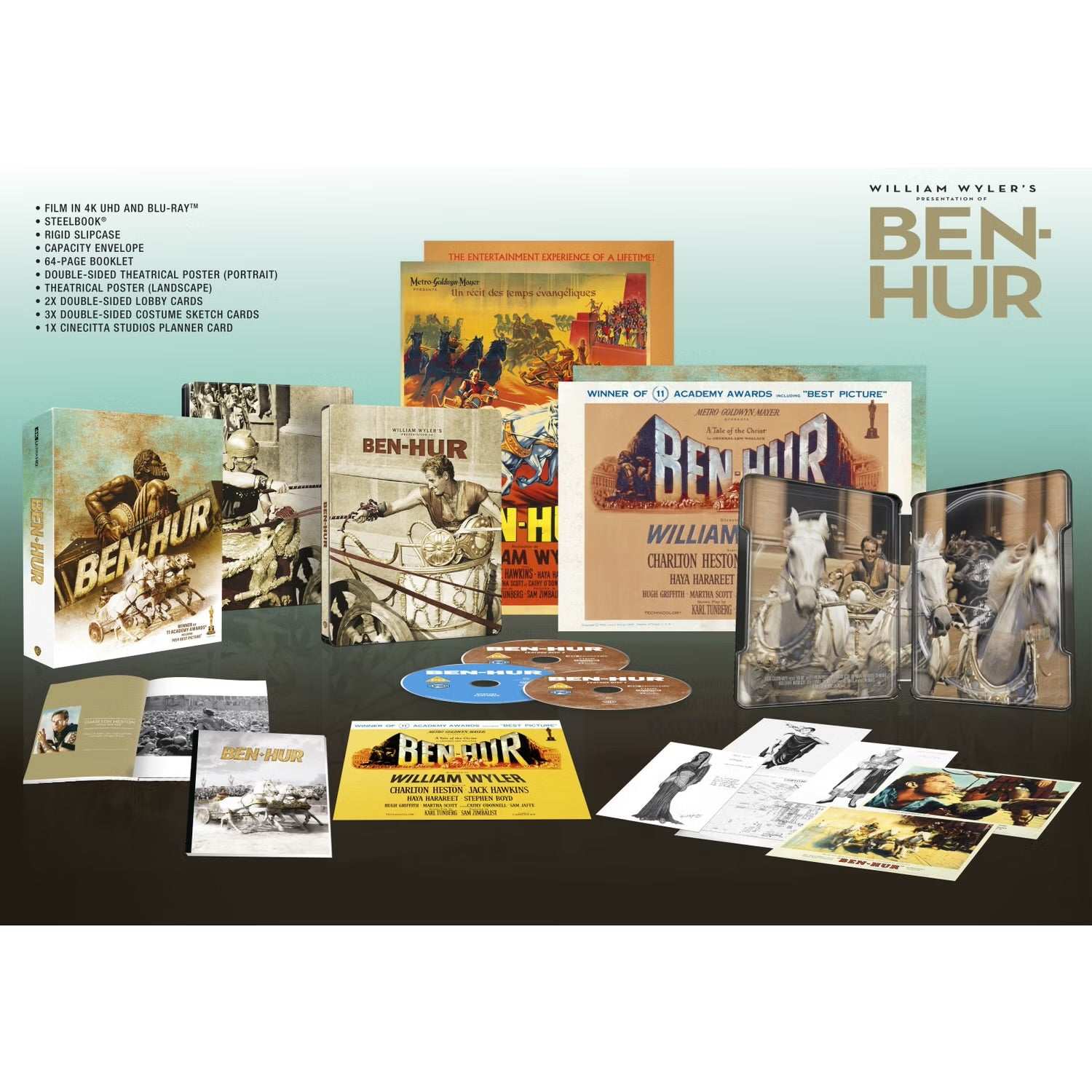 Ben Hur (1959) Limited Collectors Edition Steelbook 4K Ultra HD Blu-ray set with slipcase, booklet, posters, and collectible cards.