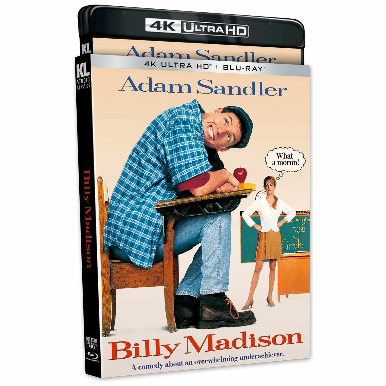 Billy Madison 4K UHD Blu-Ray movie cover featuring Adam Sandler sitting at a school desk with teacher standing by a chalkboard.