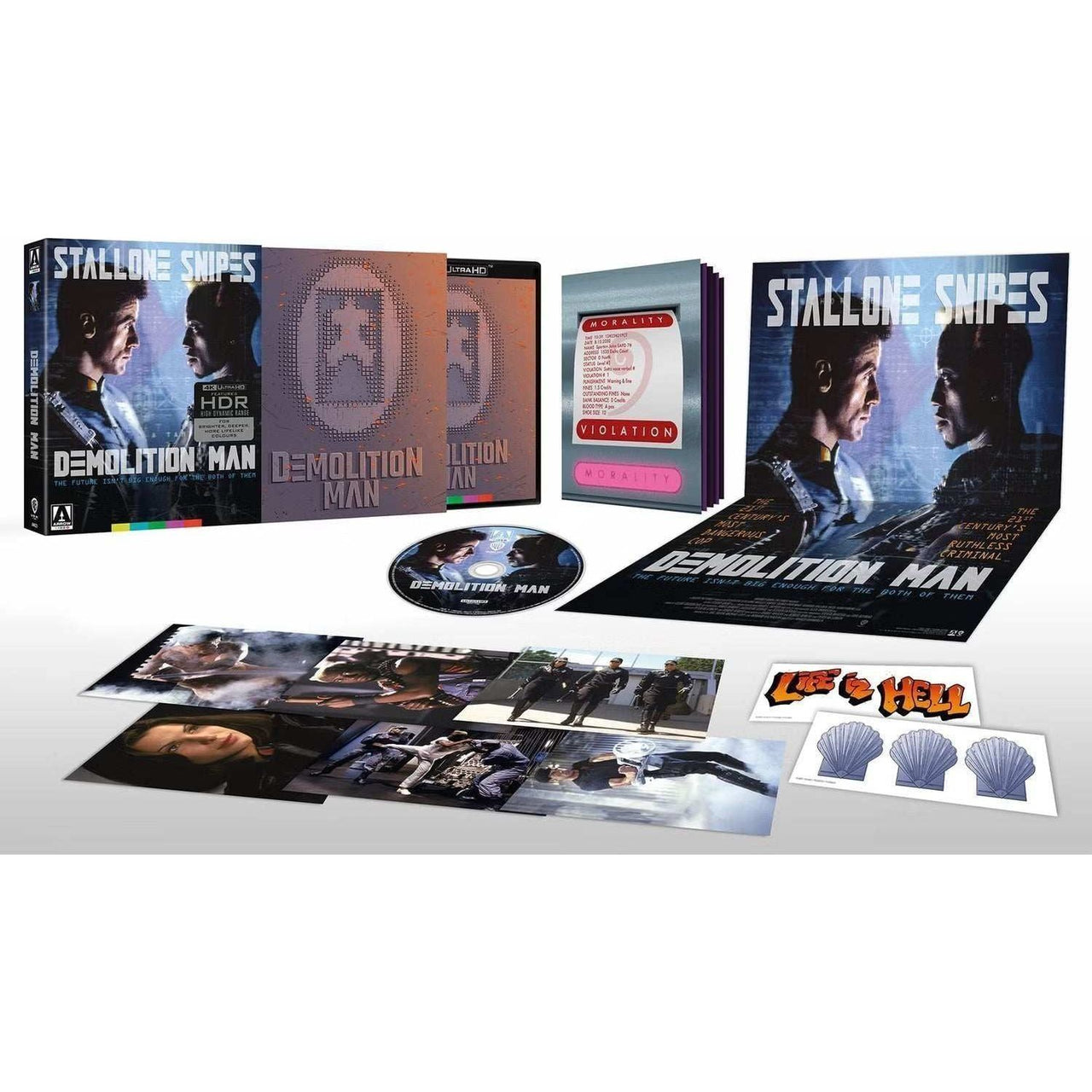 Demolition Man Limited Edition 4K UHD with slipcase and extras, featuring collector's items and artwork.