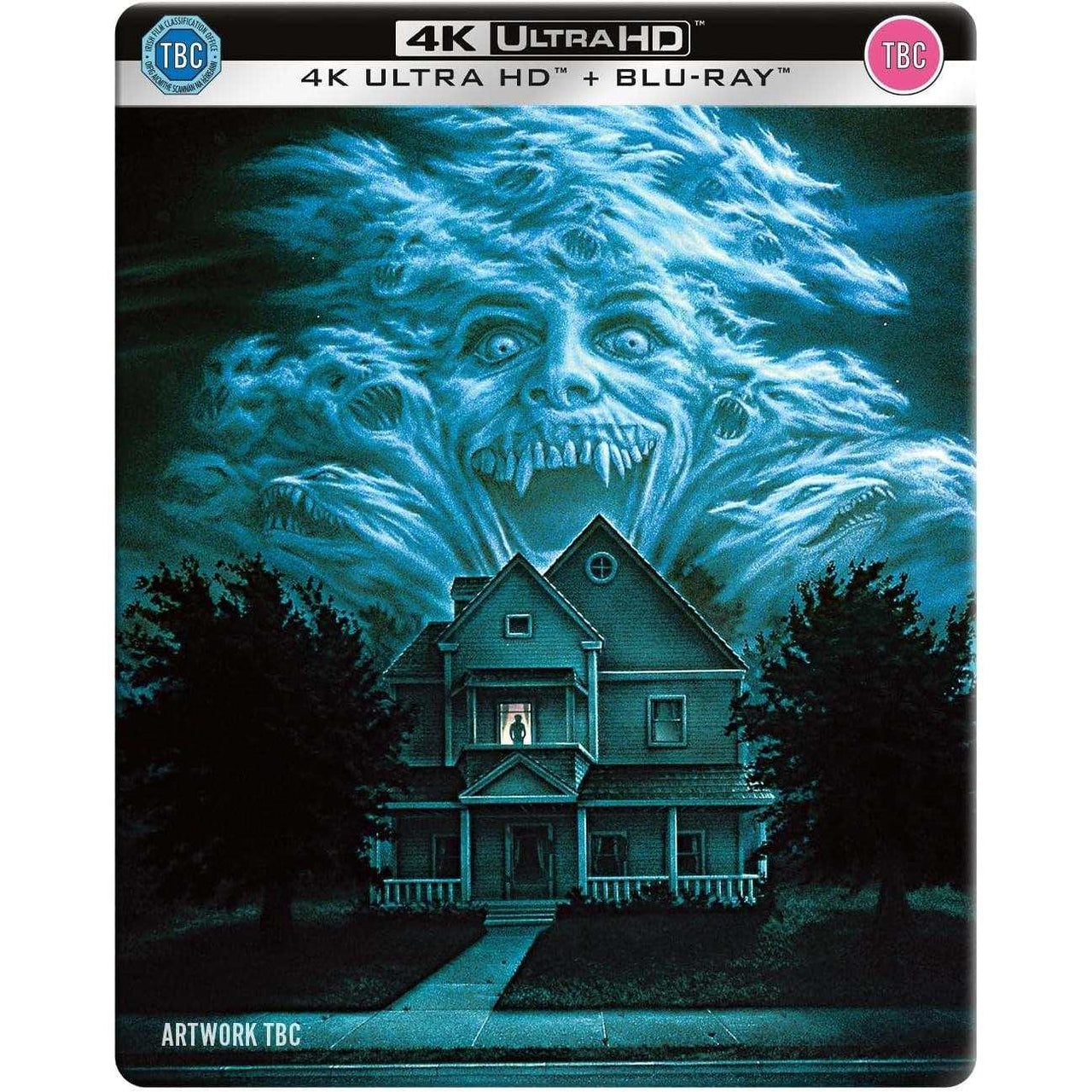 Fright Night UK limited edition steelbook 4K Ultra HD and Blu-Ray cover featuring a haunted house with a vampire face in the sky.
