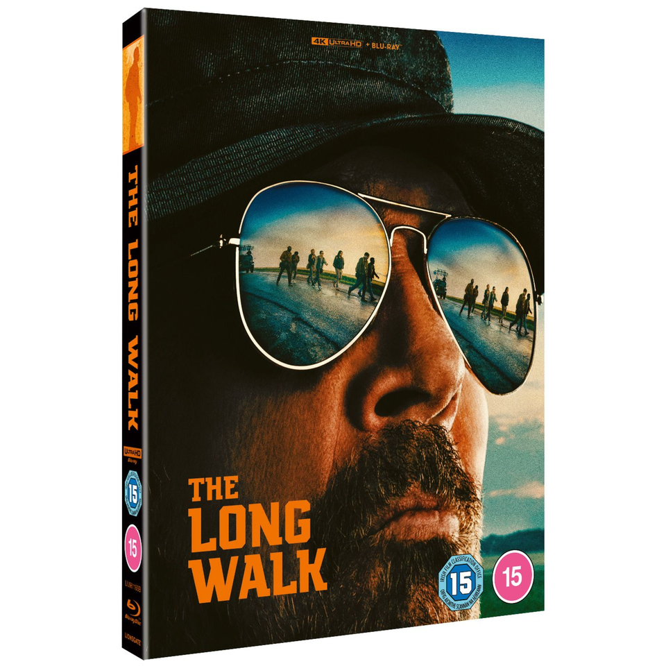 The Long Walk Limited Edition Steelbook 4K Ultra HD Blu-Ray cover showing a close-up of a man's face with reflective sunglasses and group of people walking in reflection