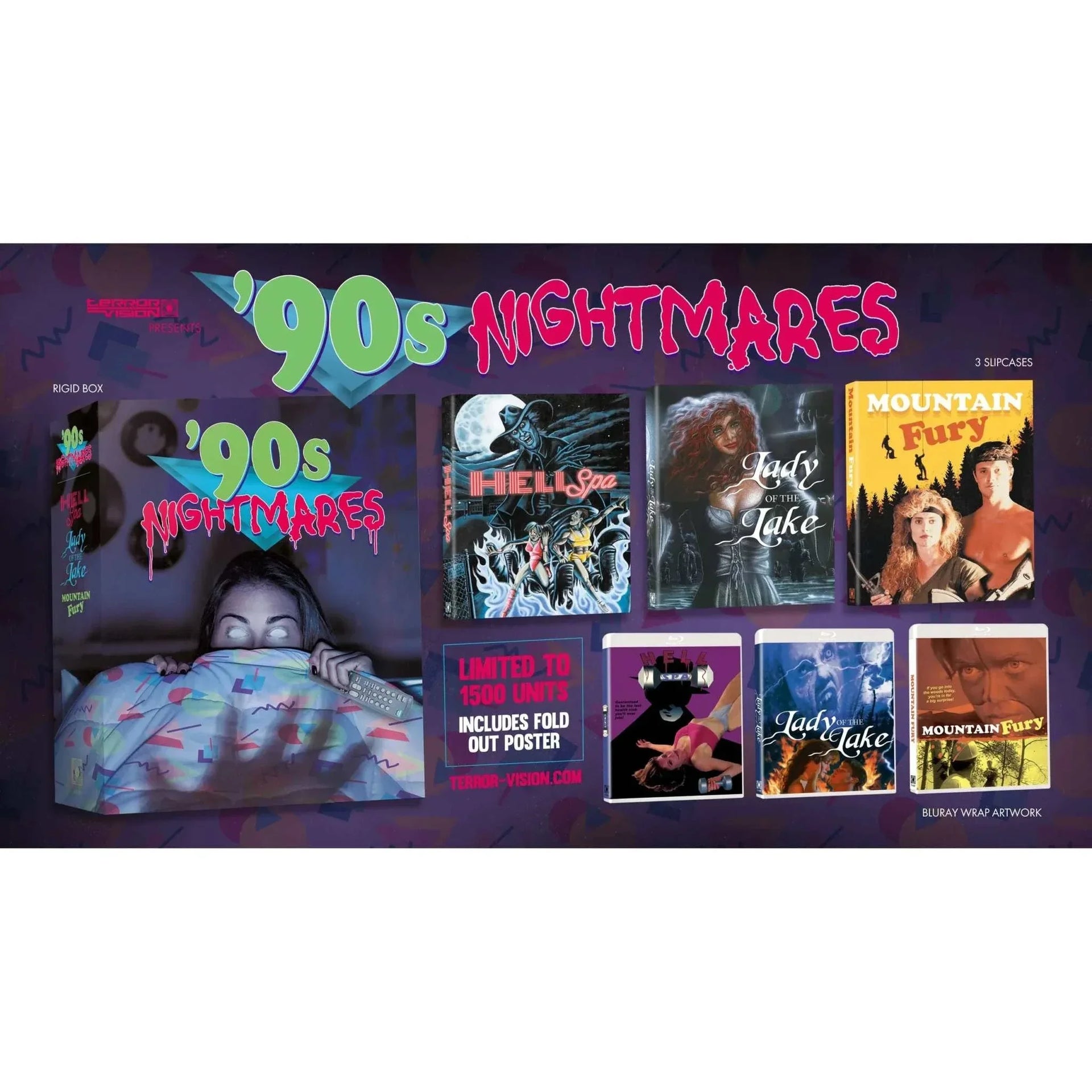 90s Nightmares Volume 1 5-disc box set with three horror films Mountain Fury, Hell Spa, Lady of the Lake limited edition blu-rays and CDs