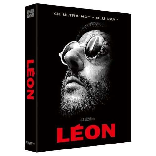 Leon 4K UHD Blu-Ray Scanavo Full Slip Edition movie cover featuring close-up of man with sunglasses and beard on black background with red text Leon