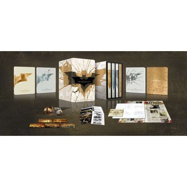 The Dark Knight Trilogy Limited Edition Steelbook 4K Ultra HD and Blu-Ray box set with exclusive artwork and collectible extras.
