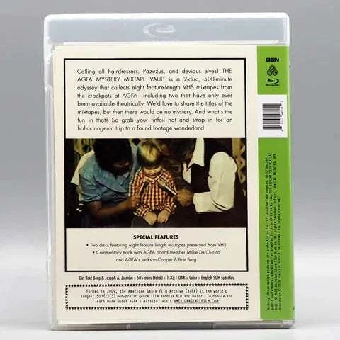 American Genre Film Archive Mystery Mixtape Vault Blu-ray with slipcover featuring eight feature-length VHS mixtapes.