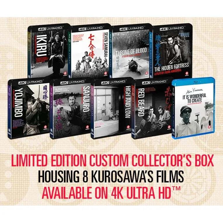 Akira Kurosawa Collection 4K UHD Blu-Ray box set with eight restored classic films and bonus Toho Masterworks episodes, region free pre-order.