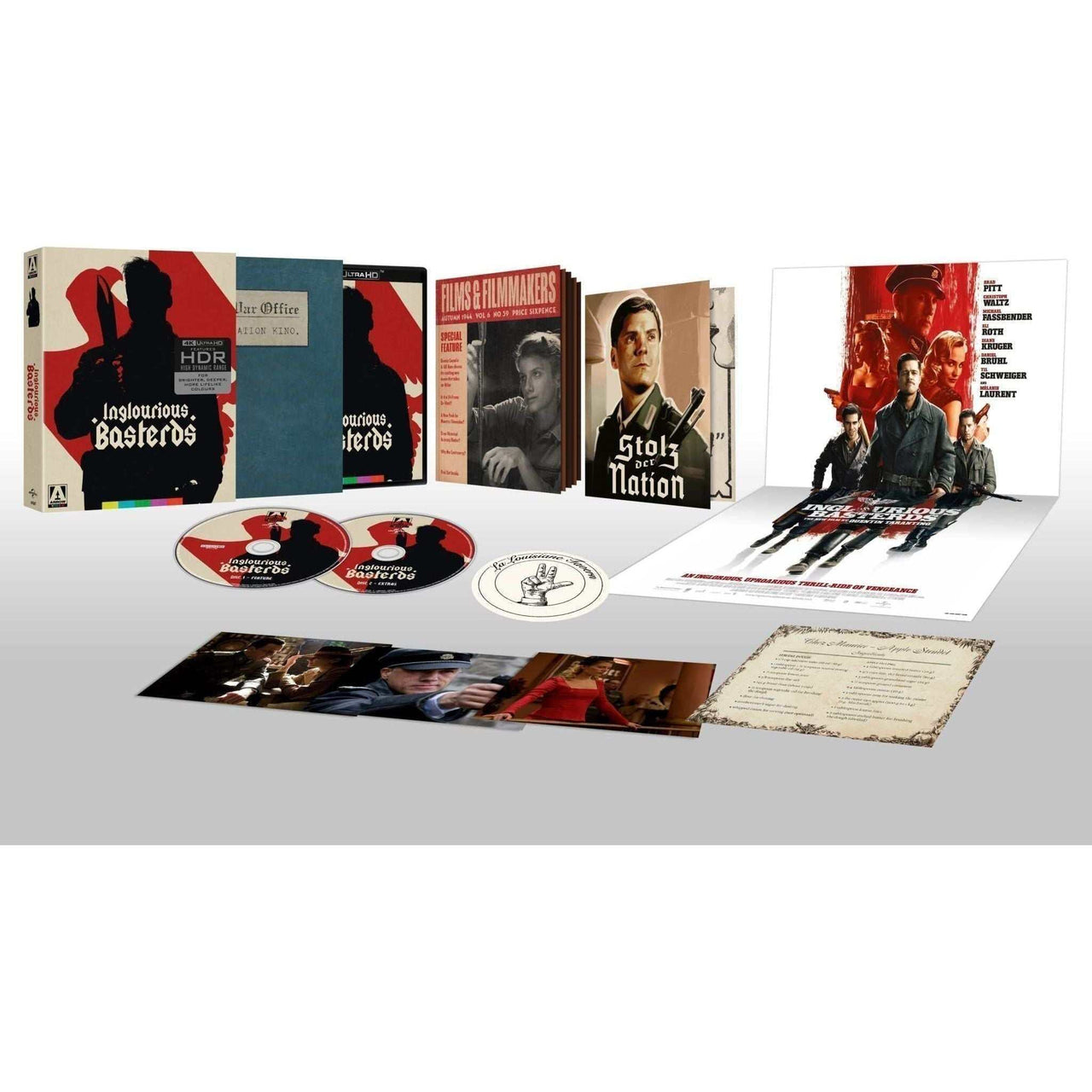 Inglourious Basterds Limited Edition 4K UHD and Blu-Ray set with rigid slipcase, collector's book, poster, art cards, and extra memorabilia.