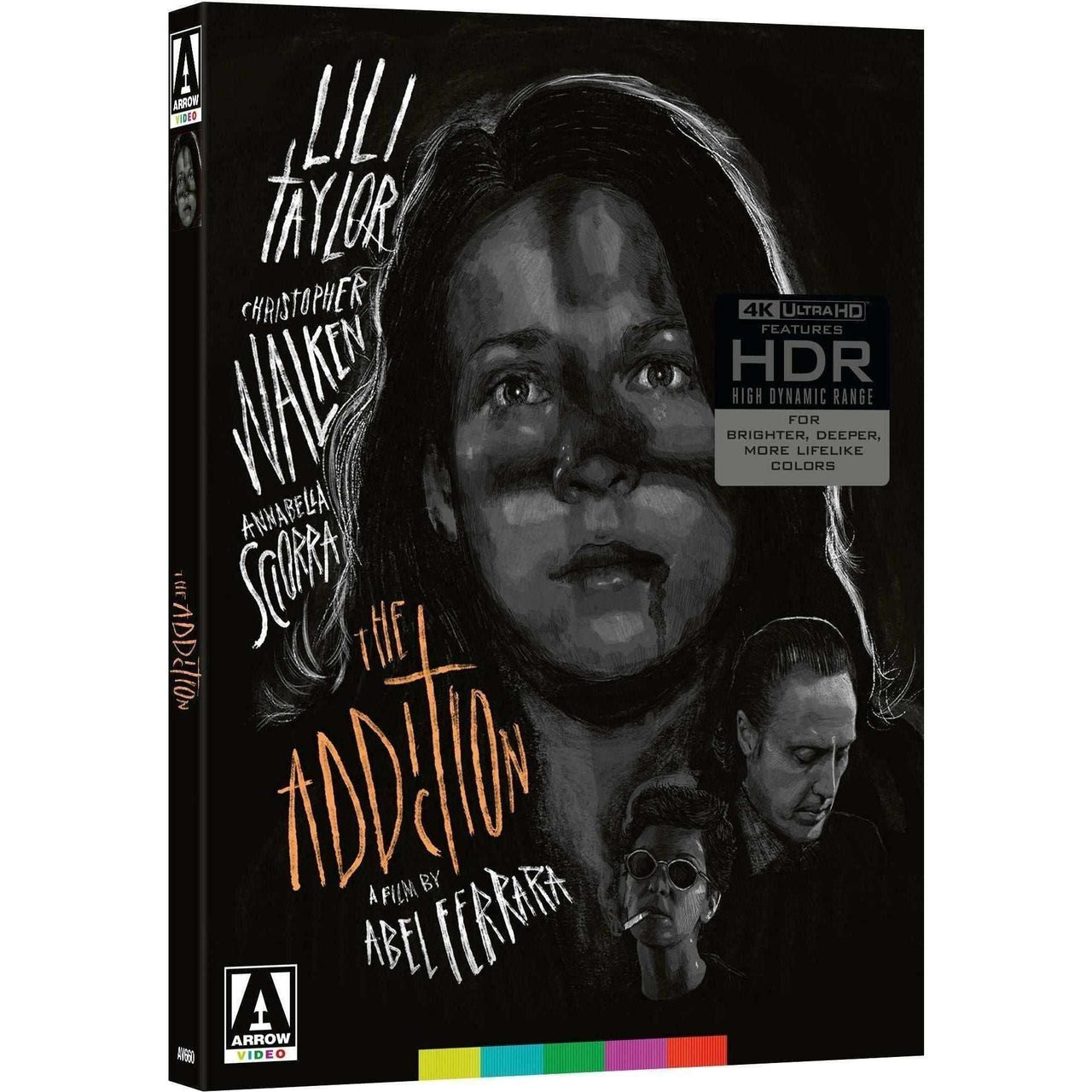 The Addiction Limited Edition 4K UHD Blu-ray with slipcover and booklet featuring Lili Taylor, Christopher Walken, and Annabella Sciorra in a black and white vampire film by Abel Ferrara, restored in 4K HDR.