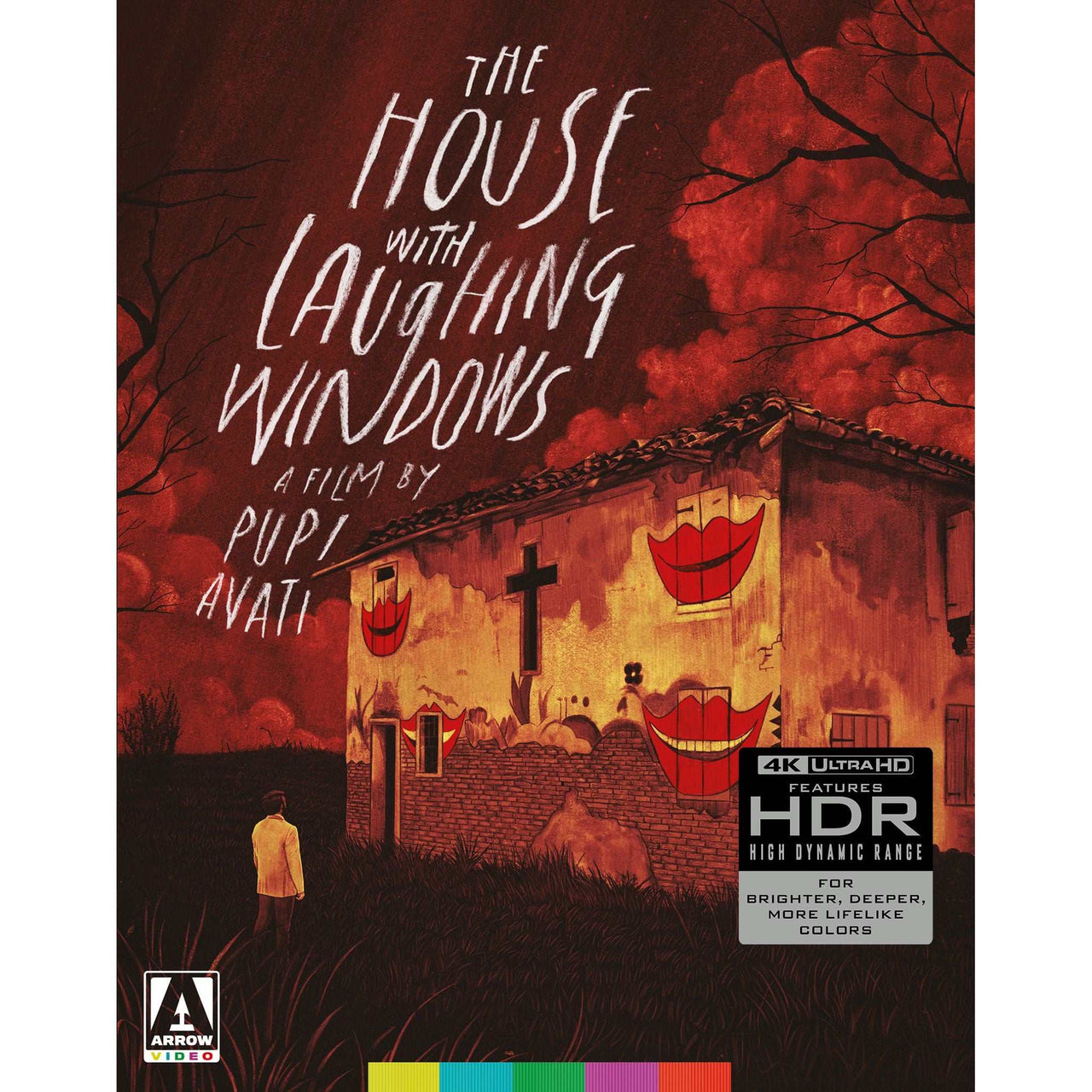 The House With Laughing Windows 4K UHD limited edition cover featuring a red eerie house with laughing window masks and dark trees background
