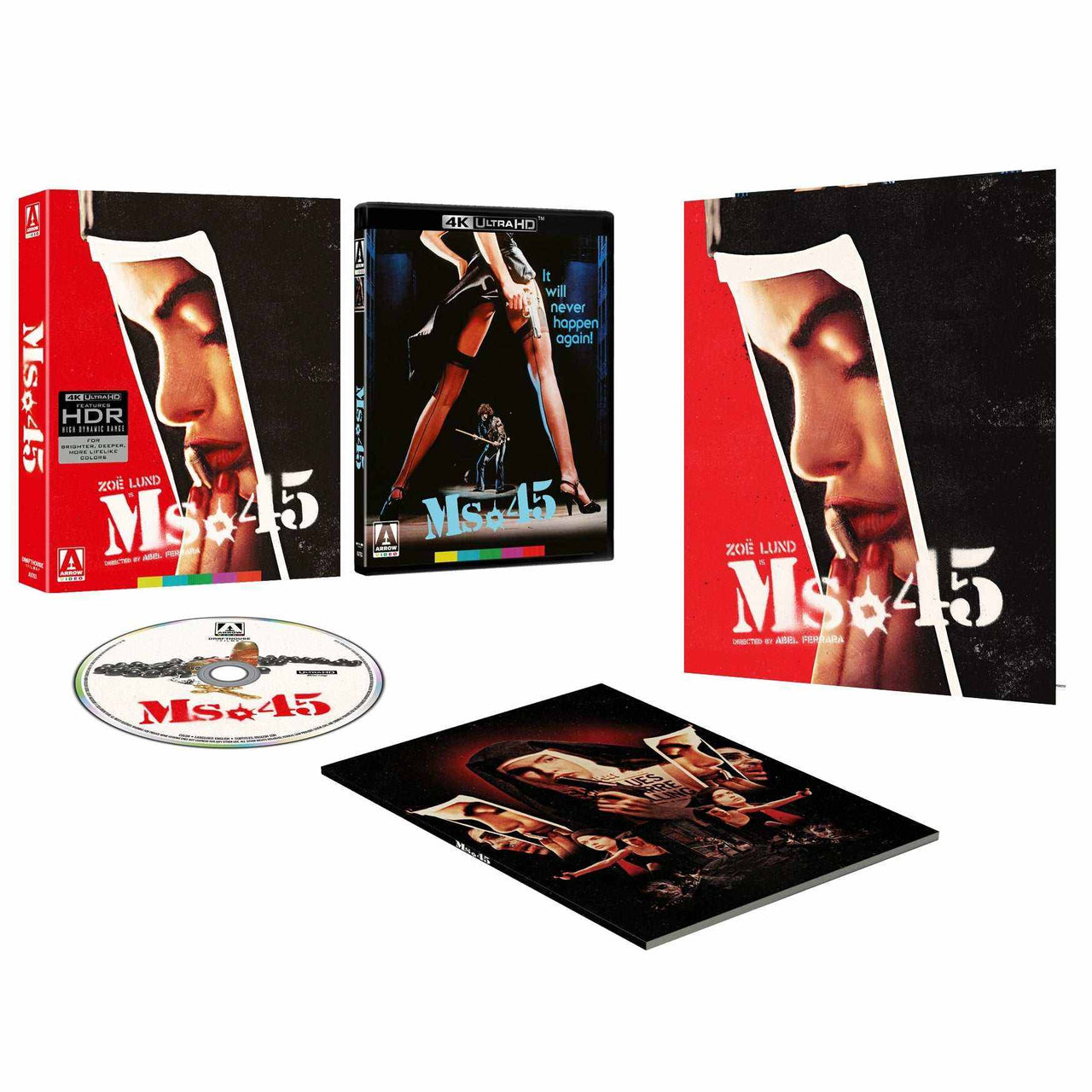 Ms. 45 Limited Edition 4K UHD blu-ray with slipcase, collector's book, disc, and fold-out poster showcasing artwork and extras.