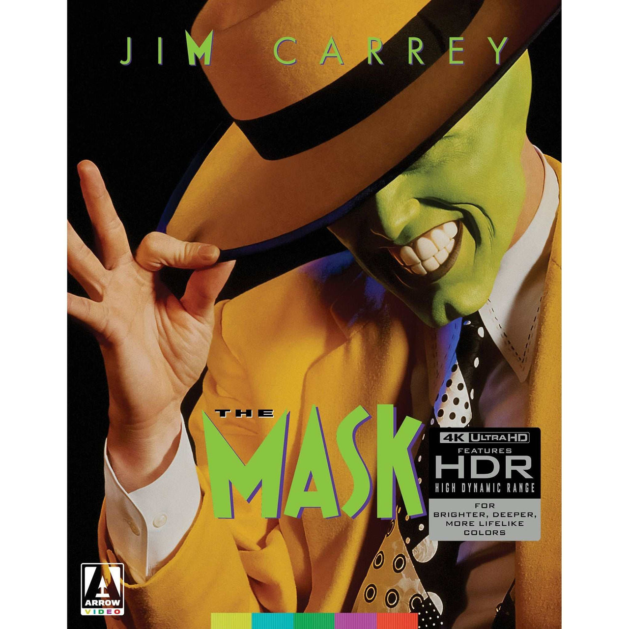 The Mask Limited Edition 4K UHD Blu-ray with Jim Carrey in a yellow suit and green mask, featuring HDR and extras.