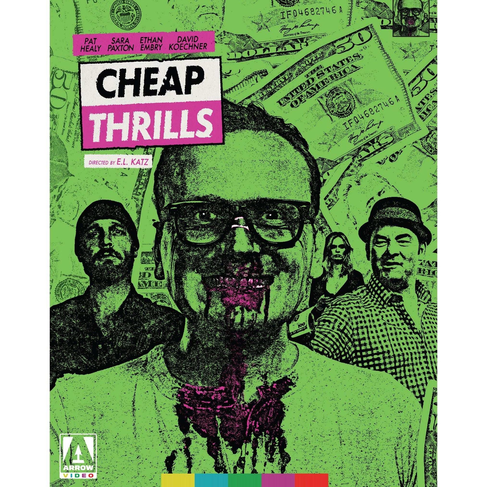 Cheap Thrills Blu-Ray cover with neon green background and blood-spattered face artwork
