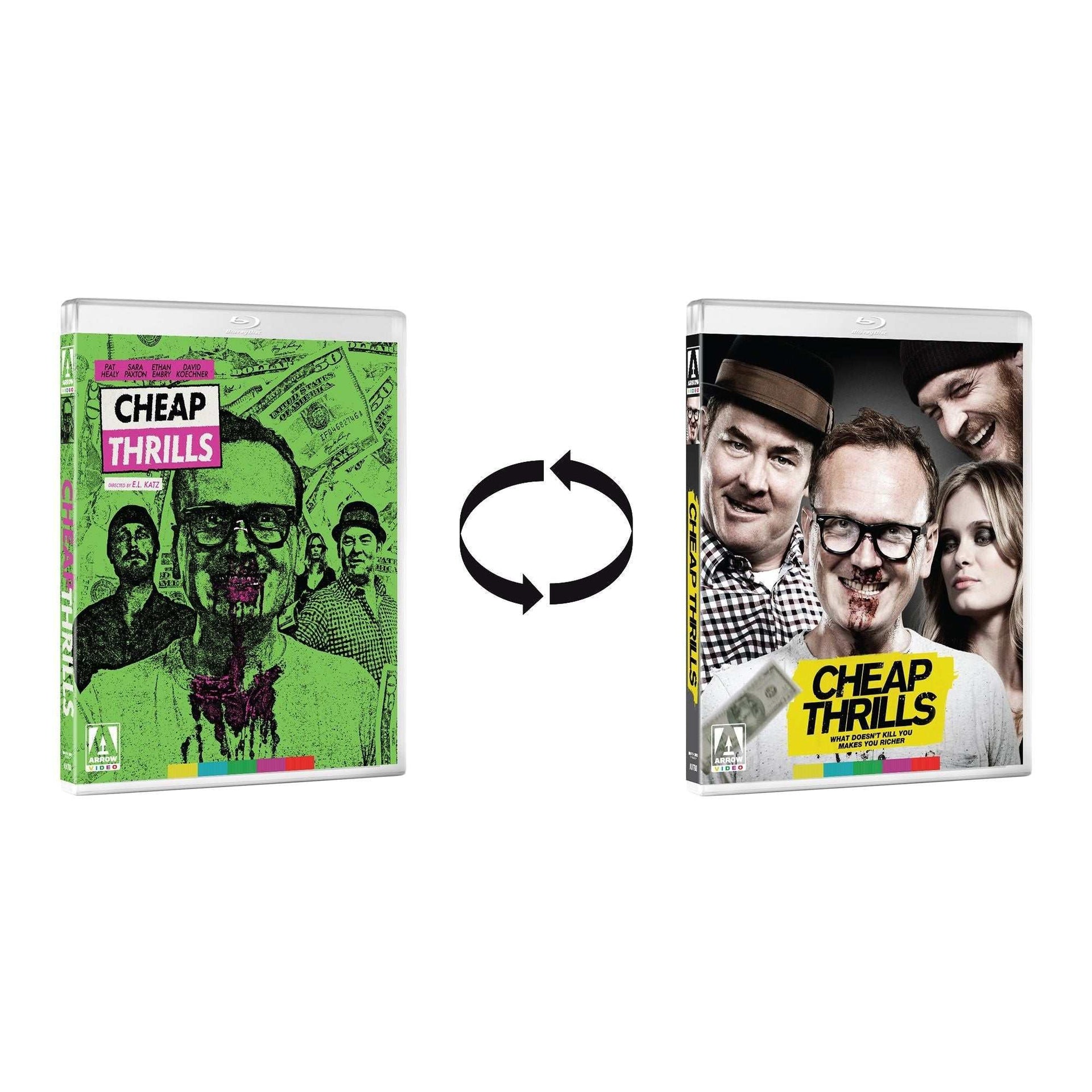 Limited edition Cheap Thrills Blu-Ray with reversible slipcover and bonus extras by Arrow Video US