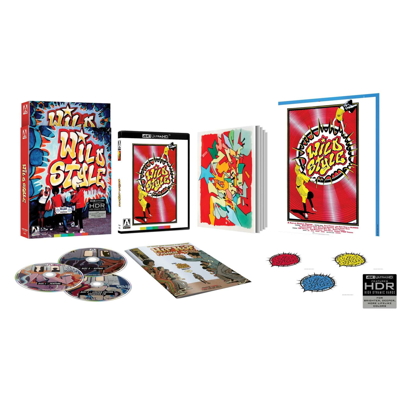 Wild Style Limited Edition 4K UHD, Blu-Ray, CD set with slipcase, book, poster, stickers, and extras
