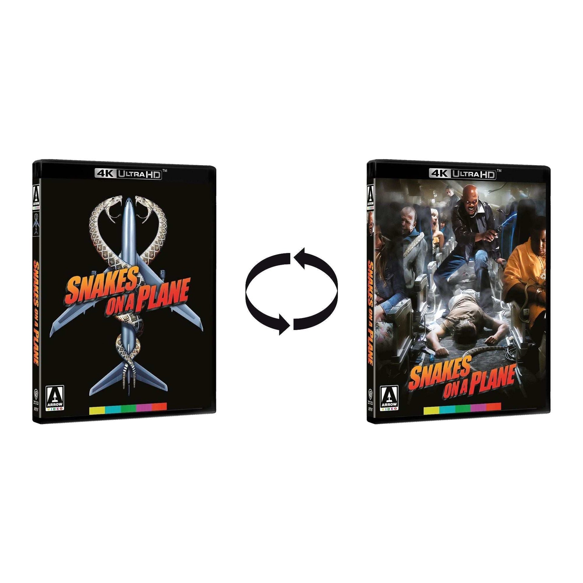 Snakes On A Plane 4K UHD Arrow Video US edition with reversible slipcover showing plane and snakes on one side and action scene on the other