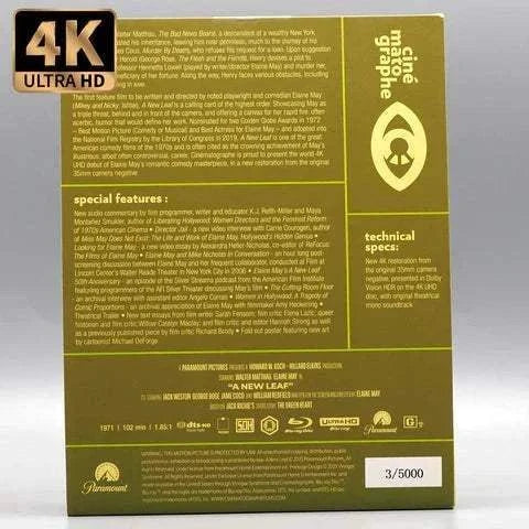 4K Ultra HD and Blu-ray disc set of Cinématographe - A New Leaf with detailed technical specs and special features on the back cover slipcase.