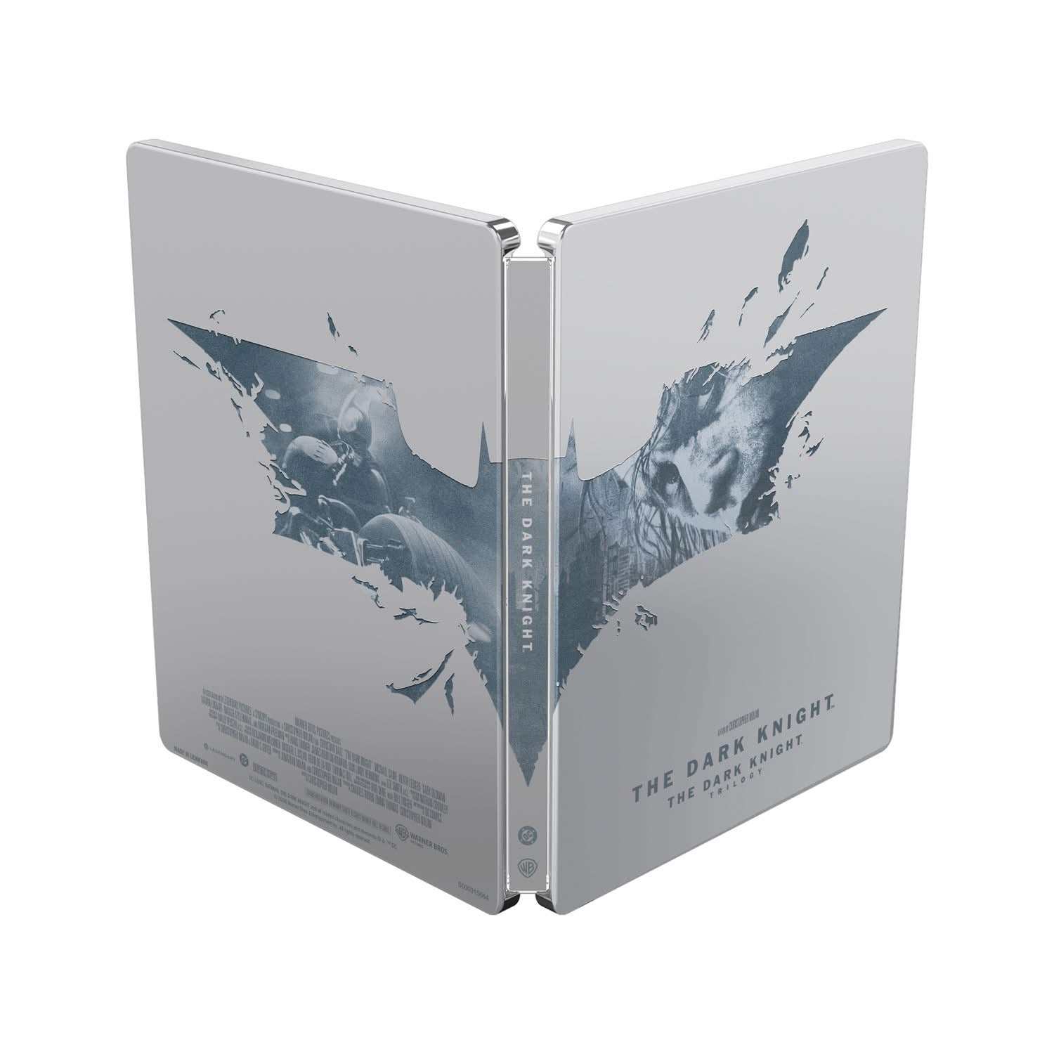 Batman - The Dark Knight Trilogy limited edition steelbook with 4K Ultra HD and Blu-Ray, featuring exclusive artwork and region-free discs.