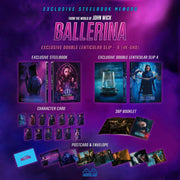 John Wick Ballerina double lenticular steelbook 4K UHD Blu-ray collectible set with booklet, postcards, character cards, exclusive numbering and stickers
