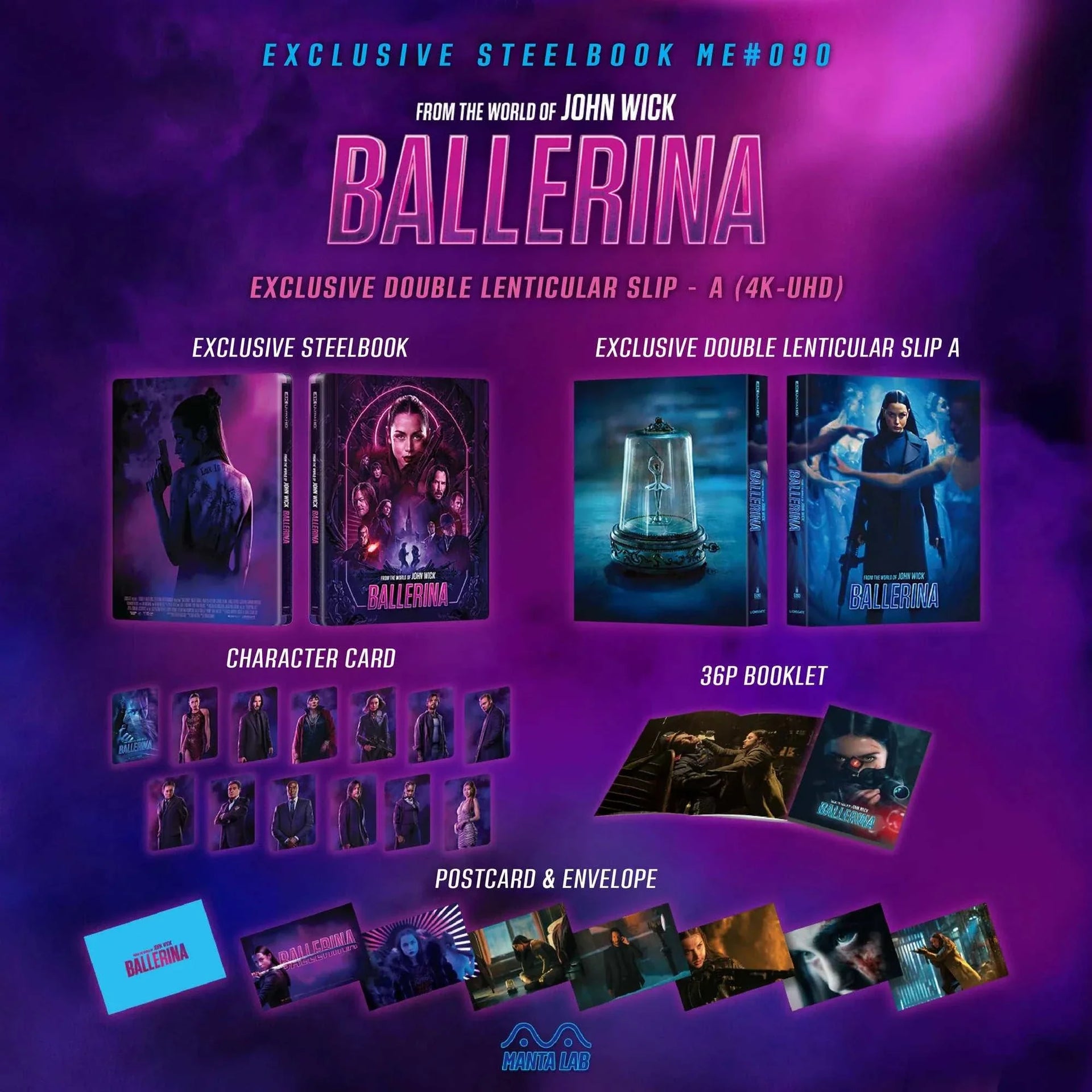 John Wick Ballerina double lenticular steelbook 4K UHD Blu-ray collectible set with booklet, postcards, character cards, exclusive numbering and stickers