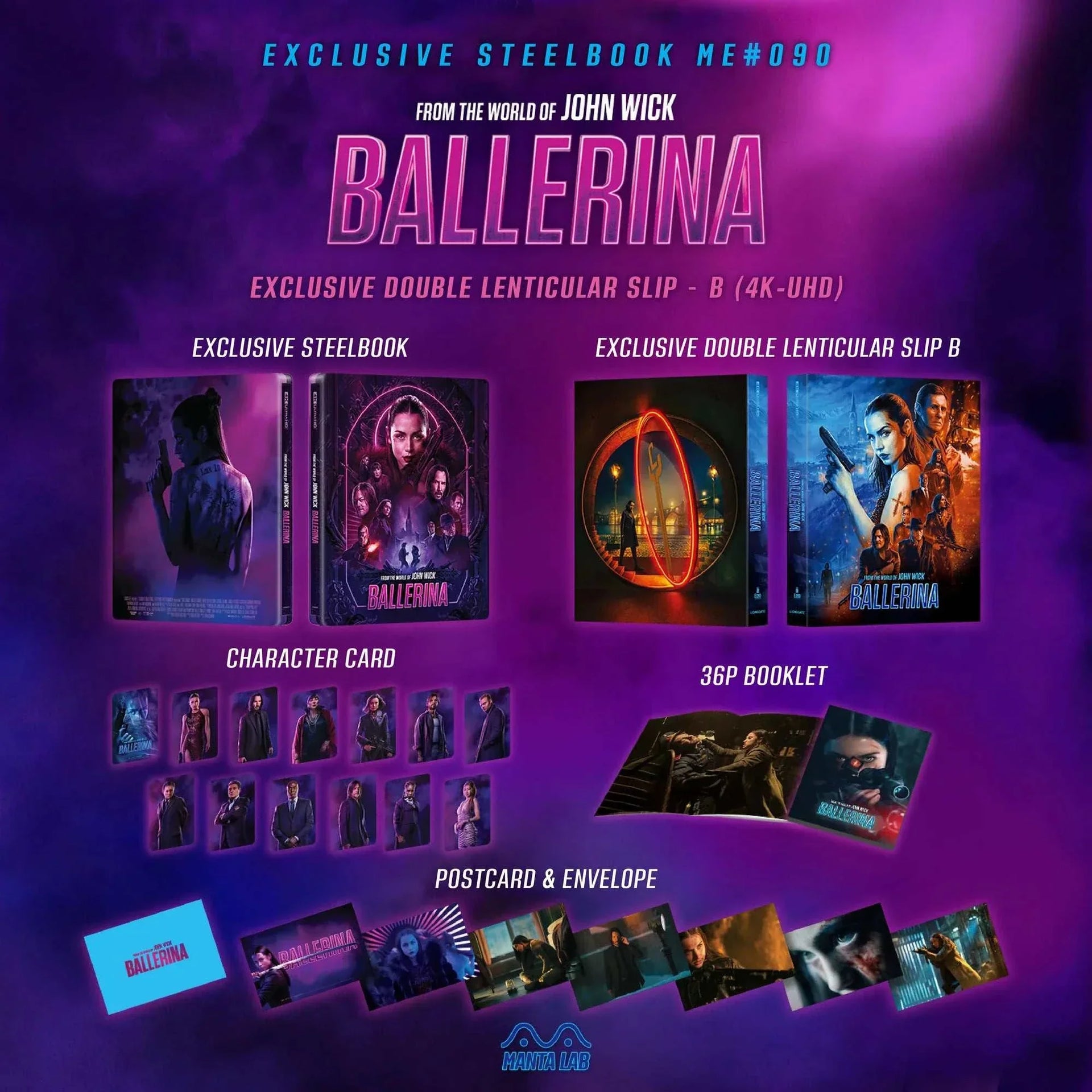 John Wick Ballerina exclusive steelbook 4K UHD and Blu-Ray set with lenticular slip, character cards, booklet, postcards, and envelope by Manta Lab