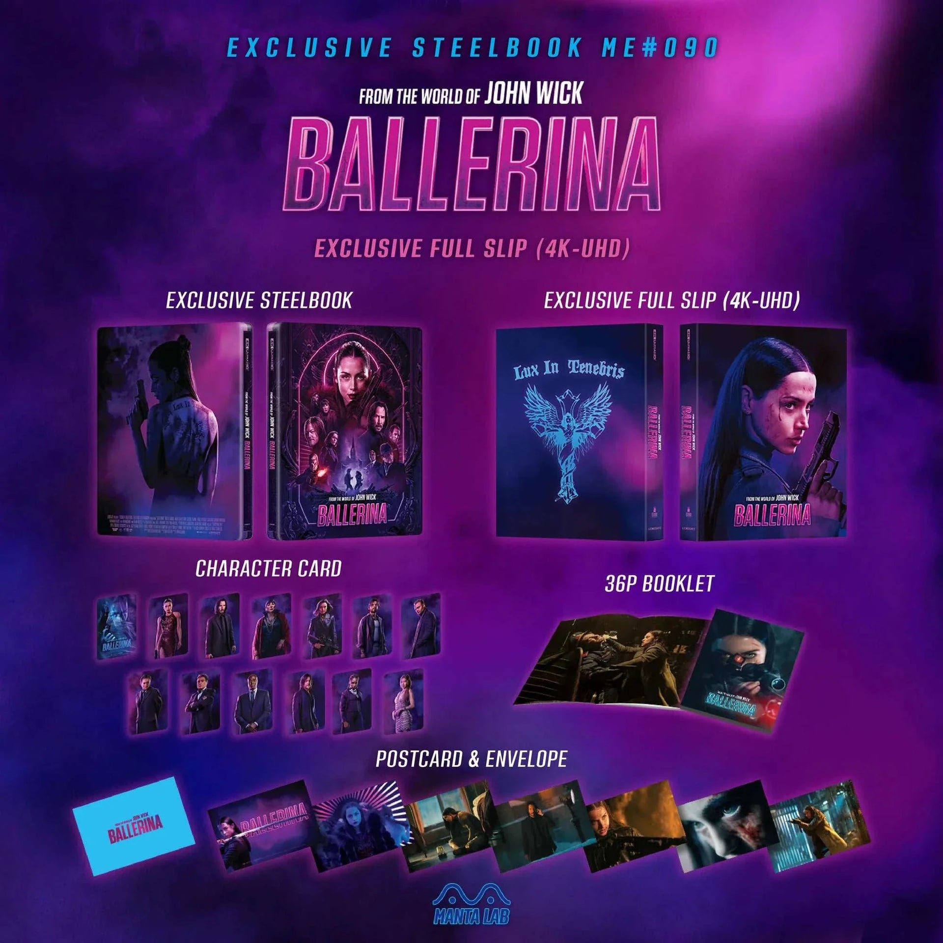 John Wick Ballerina exclusive steelbook 4K UHD and Blu-Ray with full slip, character cards, booklet, postcards, and envelope pre-order set