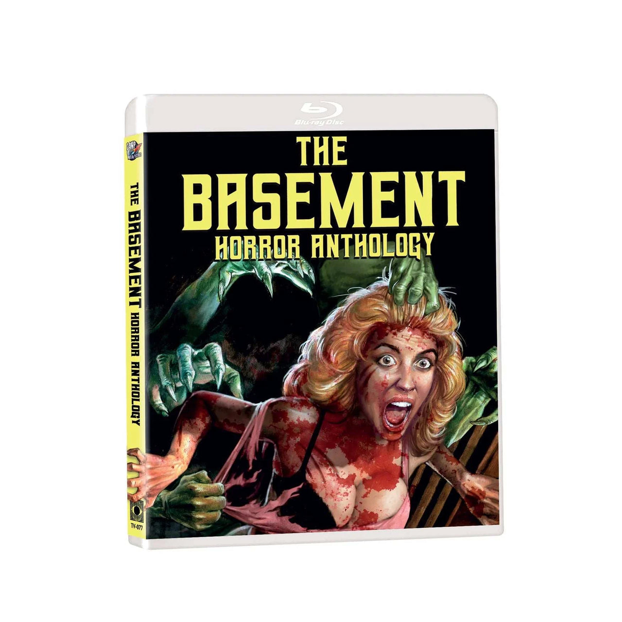 The Basement (1989) Blu-Ray with limited edition slipcover horror movie cover showing a terrified woman and green monster hands