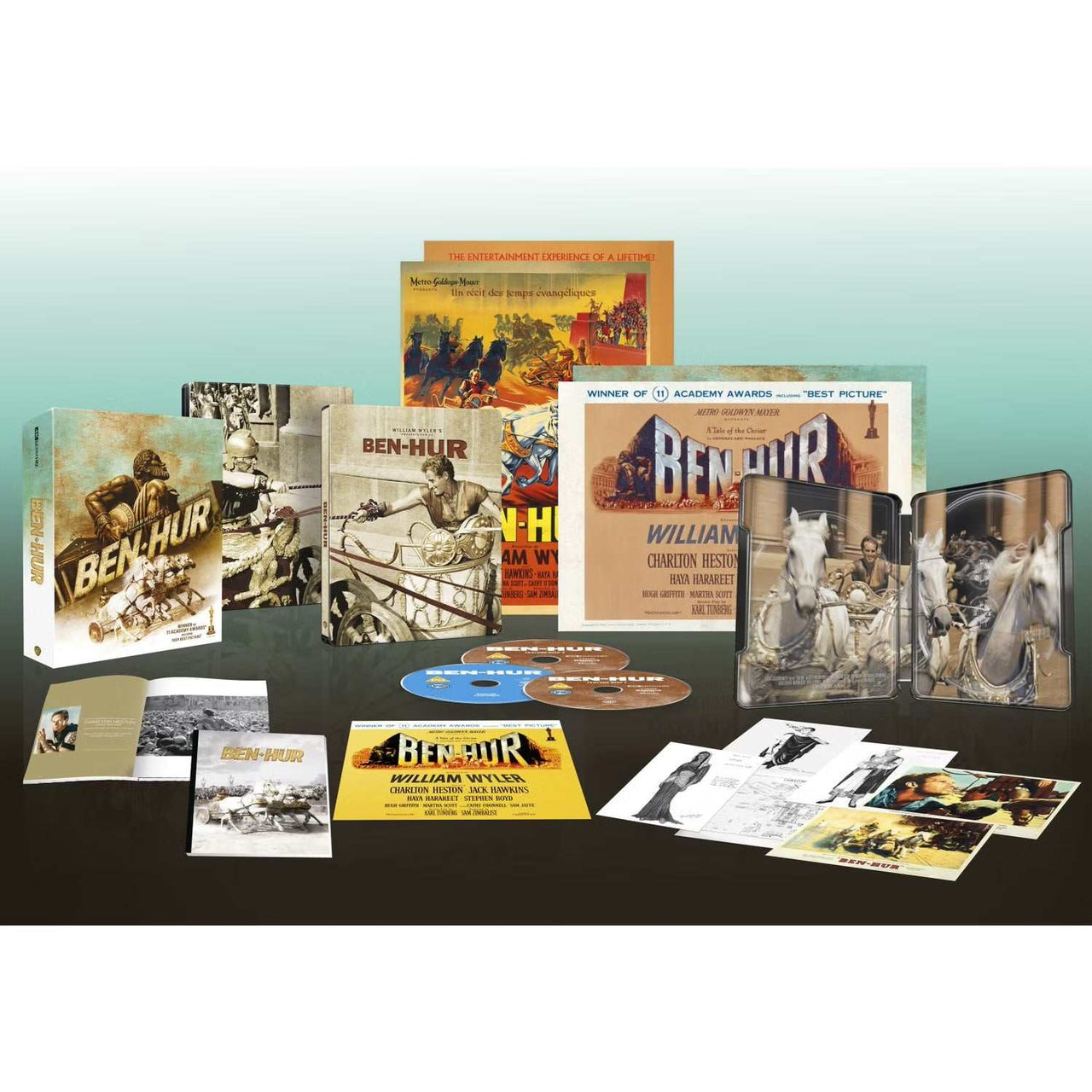 Ben Hur (1959) Limited Collectors Edition Steelbook 4K Ultra HD and Blu-ray with rigid slipcase, booklet, posters, lobby cards, costume sketch cards, and extras.