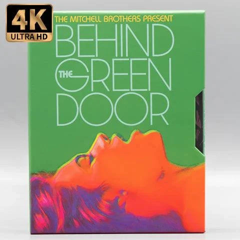 Mitchell Brothers Film Group Behind the Green Door 4K UHD limited edition slipcase cover with vibrant orange and green design