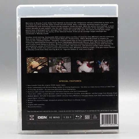 Bloody Creek Blu-Ray back cover with movie summary, special features, and production details