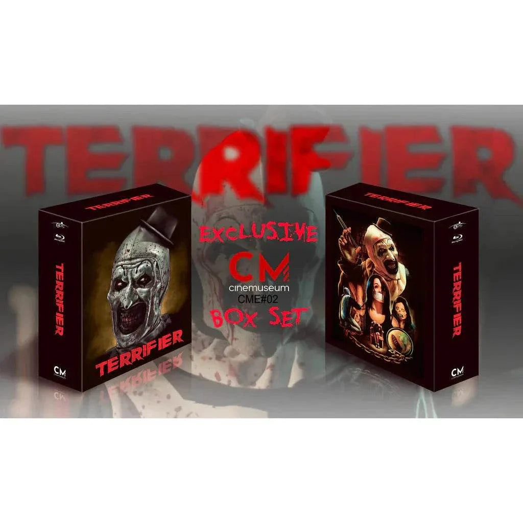 Terrifier Blu-Ray and DVD steelbook exclusive box set with horror artwork and collectible memorabilia