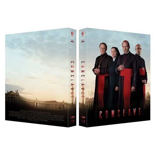 Conclave Digipack limited edition 4K UHD Blu-Ray slipcase with actors in cardinal robes and Vatican background