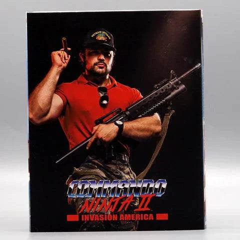 Commando Ninja 2 Invasion America Blu-Ray cover featuring armed man in red shirt and camo pants holding rifle with slipcover