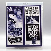 Blu-ray cover of Confessions of a Psycho Cat and The Fat Black Pussycat with vintage black and white design and cat imagery