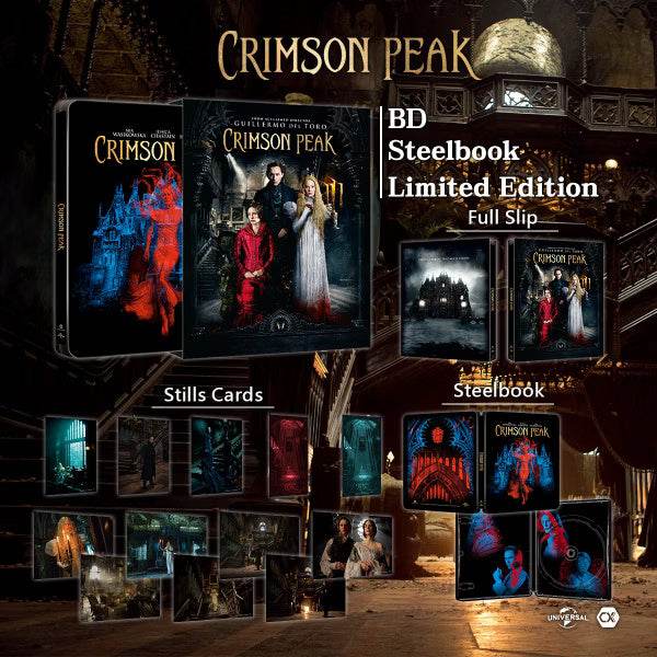 Crimson Peak Blu-Ray limited edition steelbook with full slip and 6 double-sided art cards displayed on gothic background