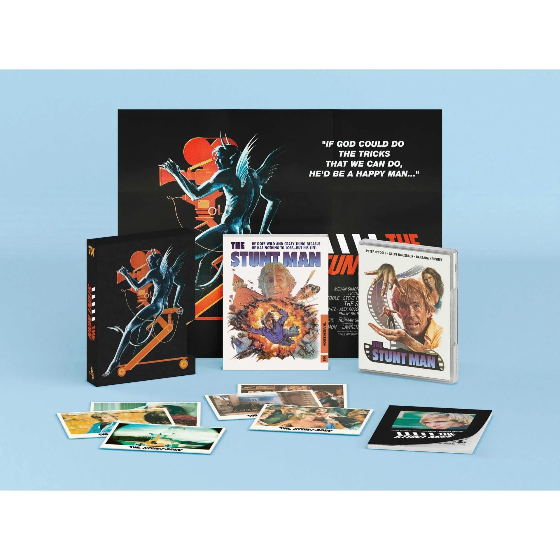 The Stunt Man limited edition 4K Ultra HD and Blu-Ray set with rigid box, poster, postcards, and bonus extras.