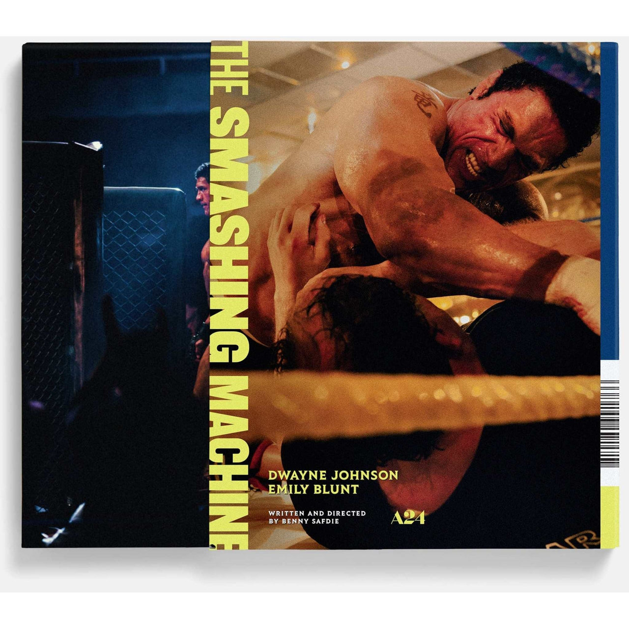 The Smashing Machine 4K UHD edition with Dwayne Johnson and Emily Blunt, featuring a boxing scene and collectible postcards.