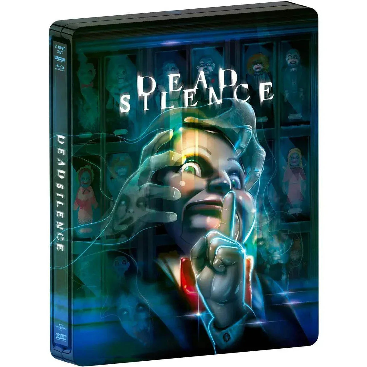 Dead Silence limited edition steelbook 4K UHD and Blu-Ray cover with eerie ventriloquist dummy and dark background