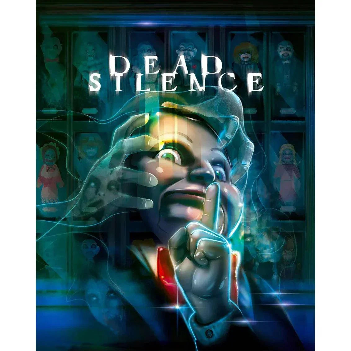 Dead Silence limited edition steelbook cover featuring eerie ventriloquist dummy with finger on lips in dark blue tones