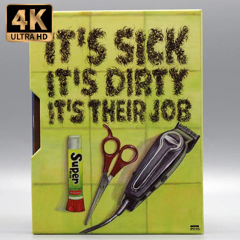 Vinegar Syndrome Dirty Work 4K UHD Blu-Ray with slipcase featuring barber tools on cover.