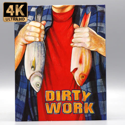 Vinegar Syndrome Dirty Work 4K UHD Blu-Ray with slipcase featuring a colorful illustration of two fish.