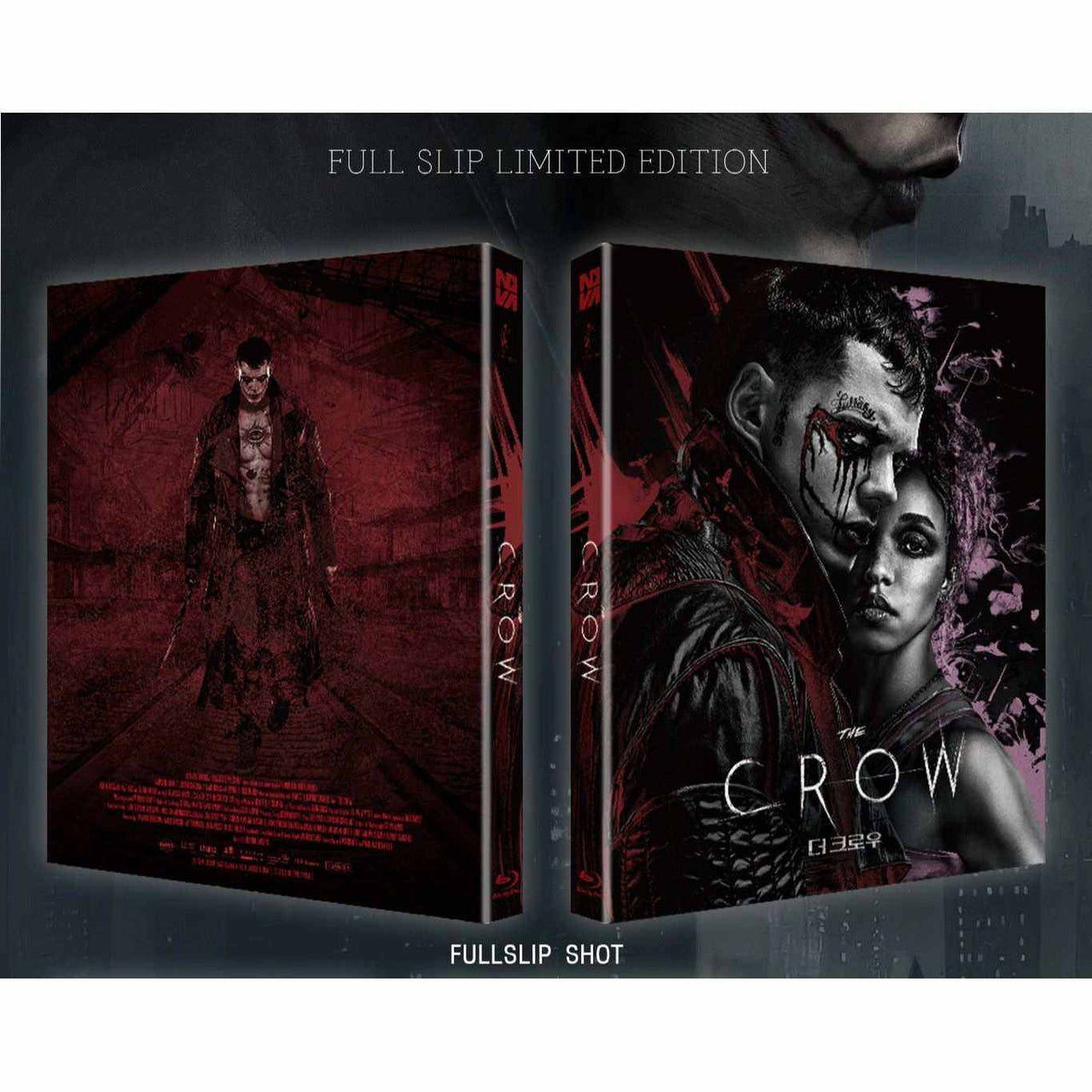 The Crow (2024) Blu-Ray limited edition full slip case featuring dark fantasy cover art with main characters and blood effects.