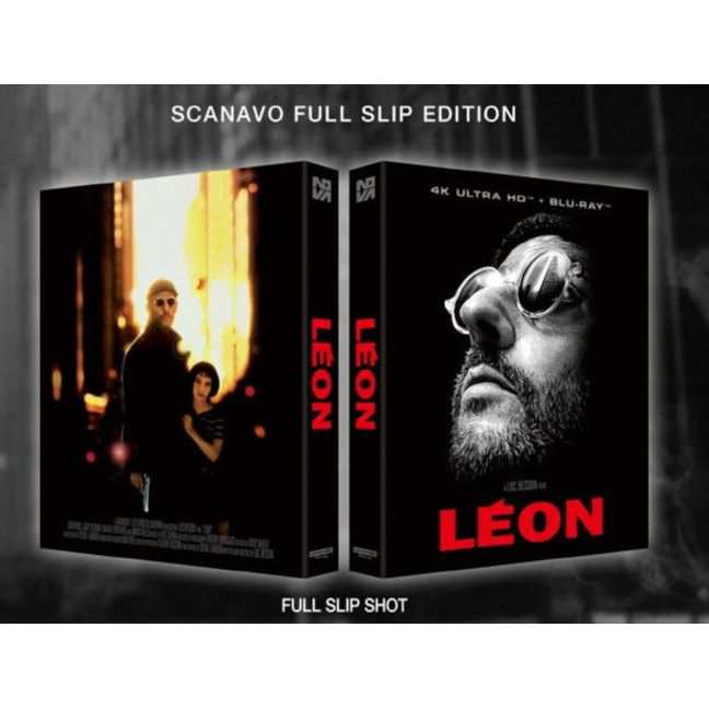 Leon 4K UHD Scanavo Full Slip Edition Blu-Ray movie cover featuring main characters in dark tones with red title text