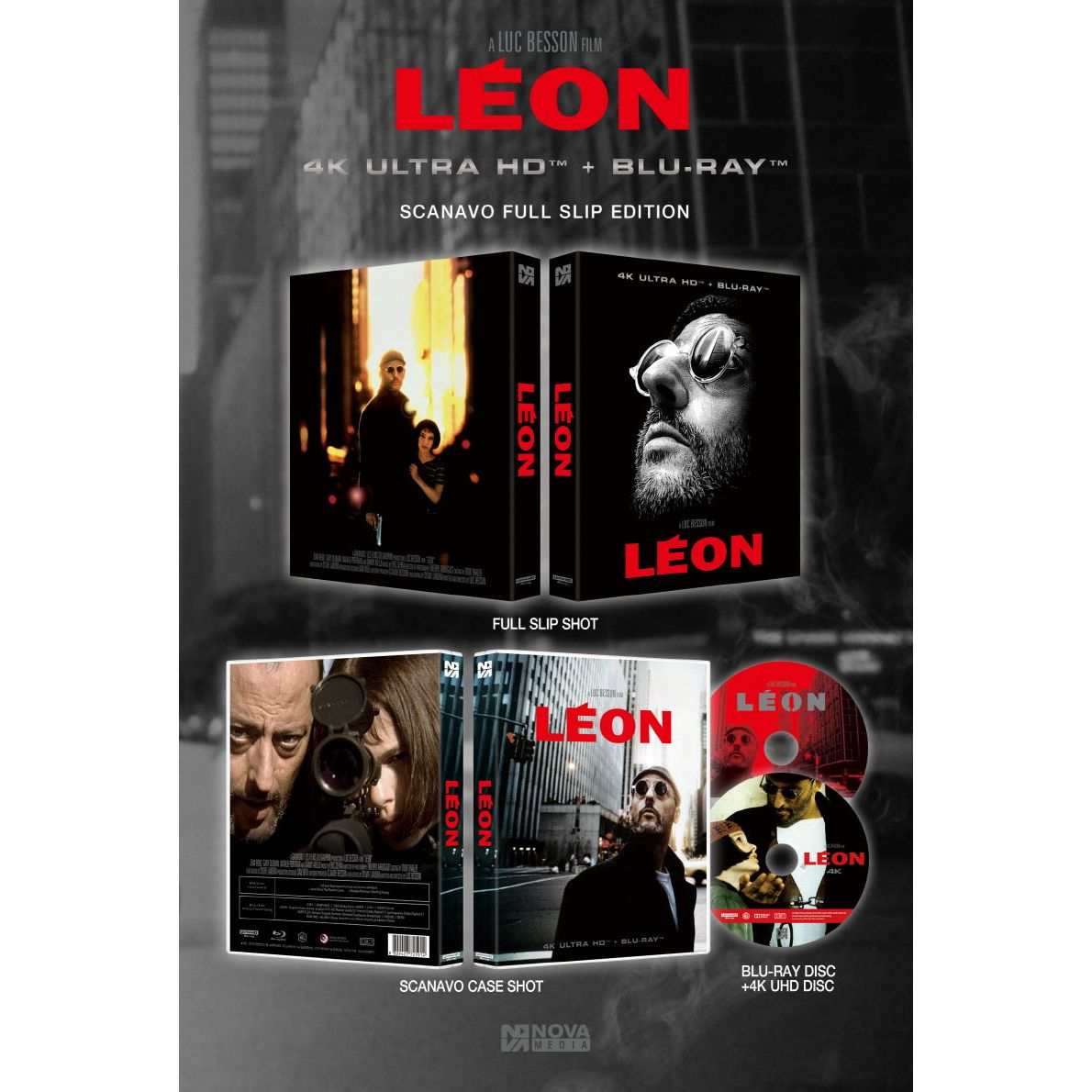 Leon 4K UHD and Blu-Ray Scanavo Full Slip Edition movie packaging and discs showcasing action crime drama film by Luc Besson.